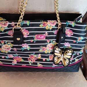 Betsey Johnson Floral Striped Women's Bag with Butterfly Charm